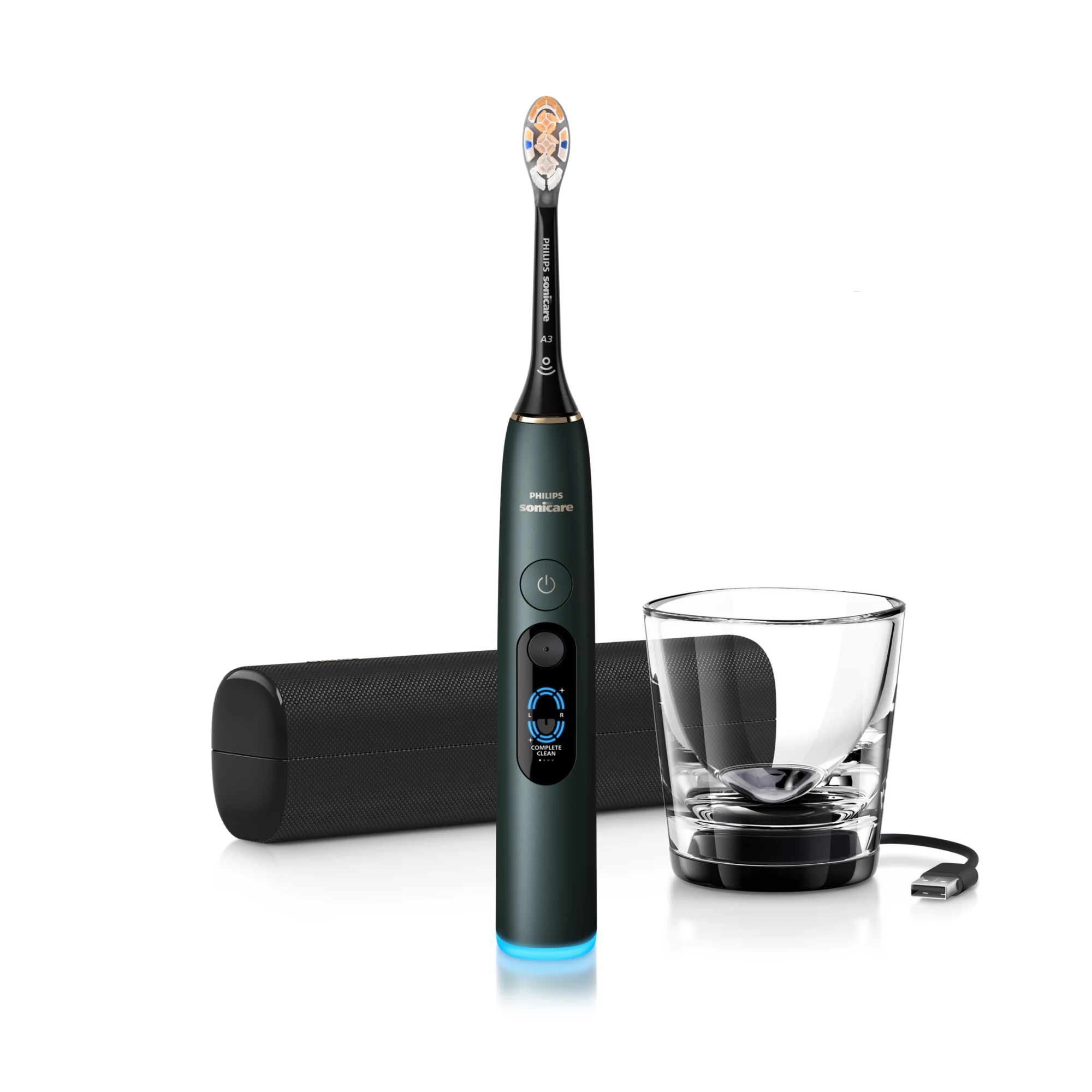 Cepillo eléctrico - Philips Sonicare DiamondClean 9000 HX9213/84, 20x más placa, 7 modos, Sensor de presión, Vaso cargador, Estuche viaje, Verde