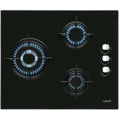 Placa de gas - Cata 08068309 CI 6021 BK, 3 zonas, Gas natural, Válvulas seguridad, 59 cm, Negro