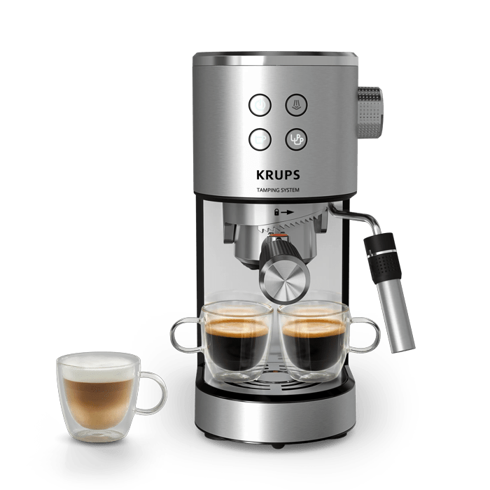 Cafetera express - Krups Virtuoso XP499E, Sitema de autoprensado, 15 bares, Panel frontal intuitivo, Barista, Thermoblock, Compacta, Inox