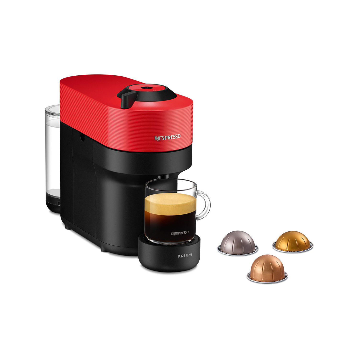 Cafetera de cápsulas - Nespresso® Krups Vertuo Pop XN920510, 1500 W, 0.56 L, Calentamiento 30 s, Tecnología Centrifusion™, Bluetooth, Wi-Fi, Spicy Red