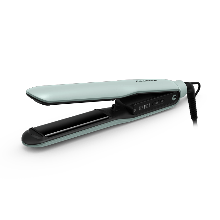 Plancha de pelo - Rowenta Thermoglide SF5120, Titanio, Tecnología iónica 240 v, 5 temperaturas, 170°C a 230°C, Rápido calentamiento, Verde