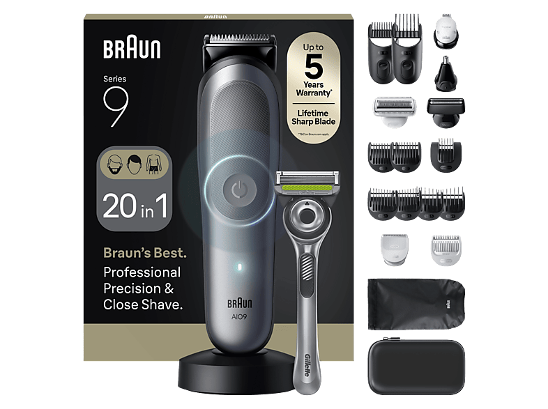 Afeitadora multifunción - Braun Todo En Uno Series 9 AIO9540, Kit 20 1, Láminas ProBlade, Modo BodyGentle, Autosense, Wet&Dry Gris