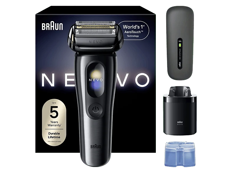 Afeitadora - Braun eléctrica NEVO 17010C, Tecnología AeroTouch, Centro de limpieza Care 7 en 1, Estuche carga, Wet&Dry, Grafito