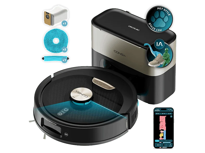 Robot aspirador - Cecotec Conga Y100 Spin AI, 20000 Pa, 220 m², Navegación láser, Autovaciado, Especial mascotas, Negro