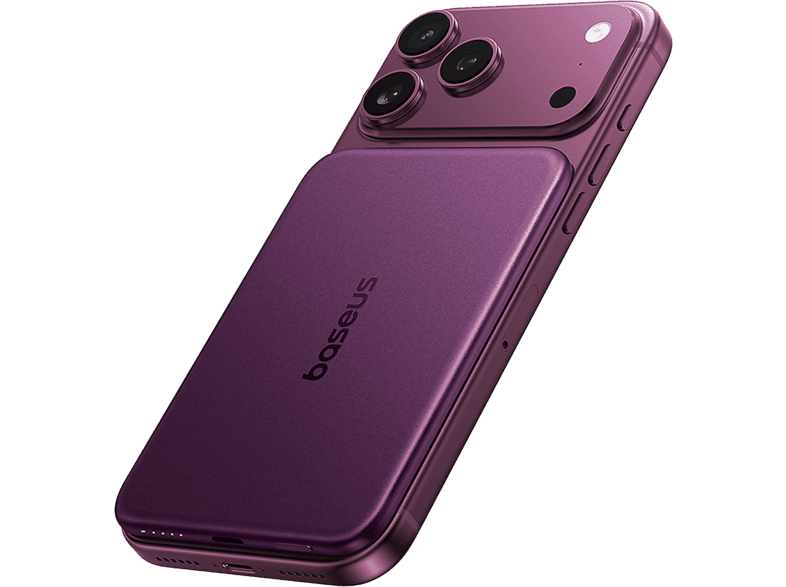 Powerbank - Baseus Picogo Air AM71, 5000 mAh, 22,5W, Carga inalámbrica 15W, USB-C, Ultrafina, Certificado CCC, Dark Cherry