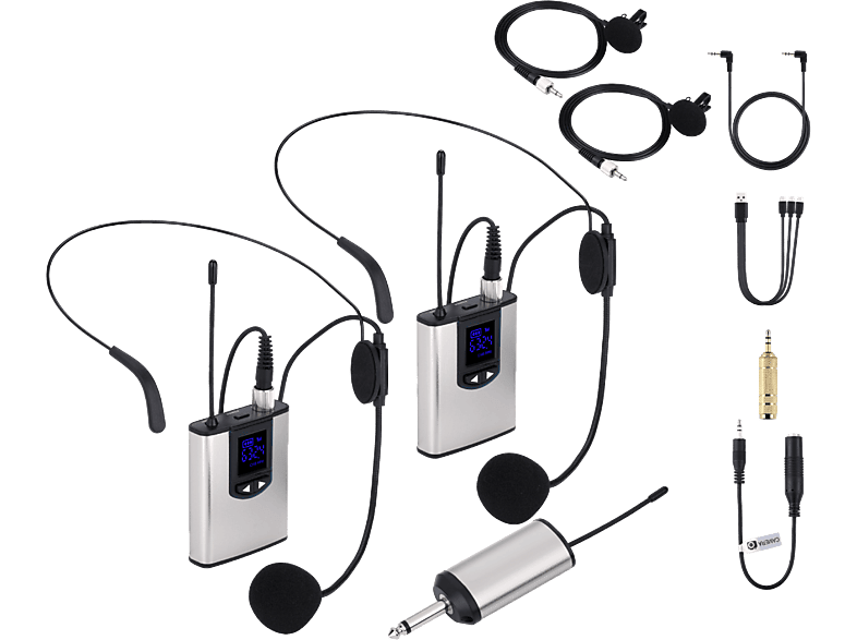Micrófono - NK IG33008KIT, 2TX+1RX, De clip y cabeza, Adaptador cámara, Plata negro