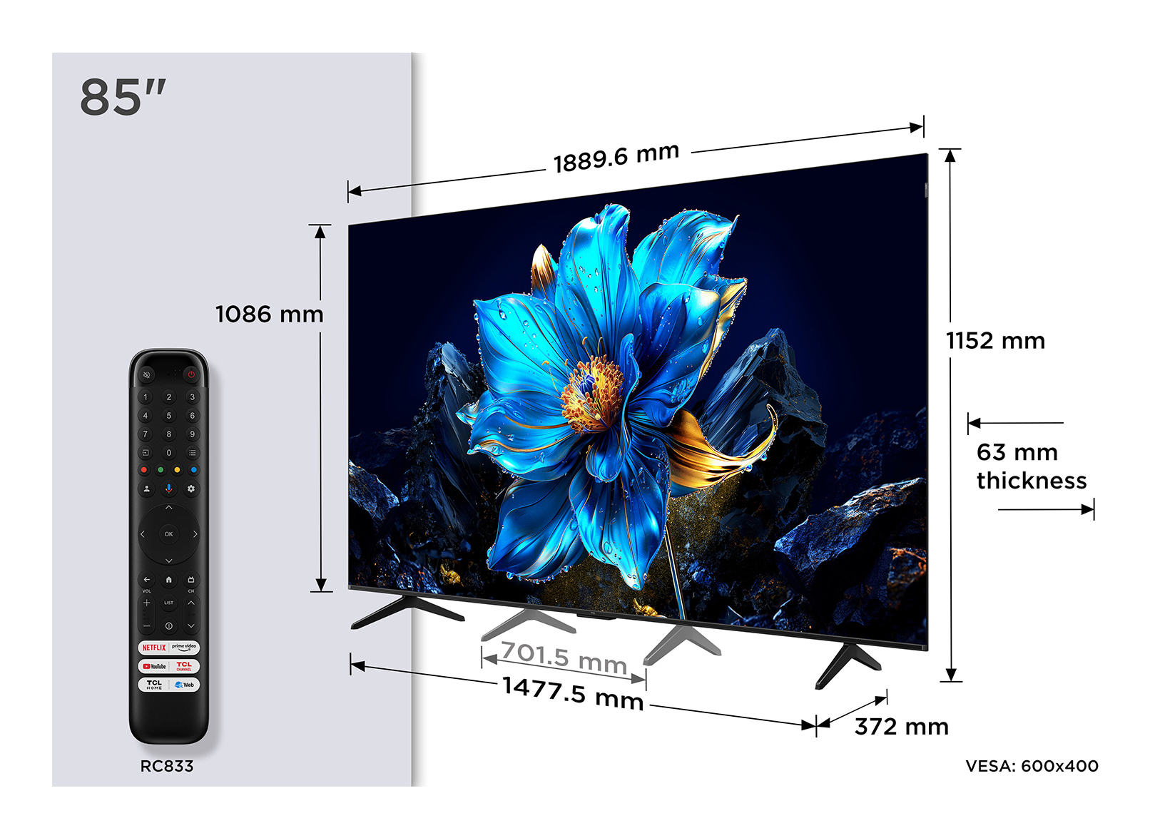 TCL - TV QLED 215,9 cm (85") TCL 85P7K, 4K HDR TV, Smart TV Powered by Google TV, compatible con Asistentes de voz.