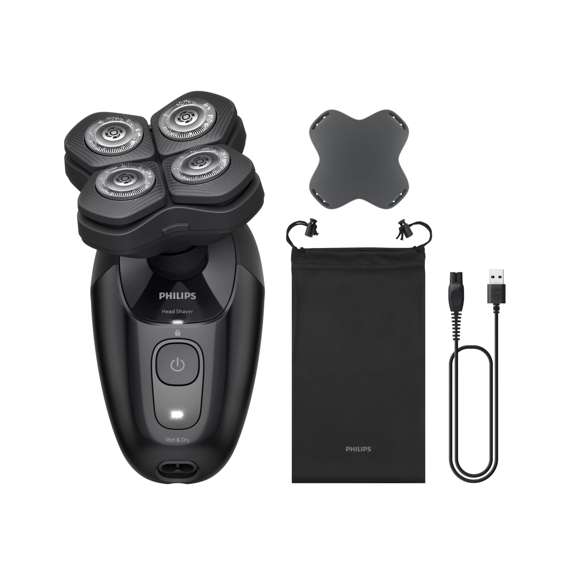 Afeitadora - Philips Head Shaver Pro 5000 Series HS5980/15, Cabezales flexibles 360º, Power Adapt, Autonomía de 60 min, Uso Seco y Húmedo, Negro