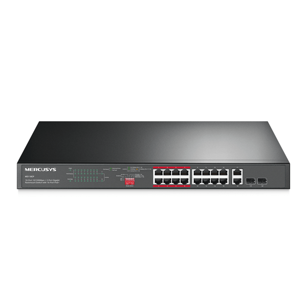 SWITCH NO GESTIONABLE MERCUSYS MS118CP 18P 16xRJ45 100Mbps PoE+ 2x1Gbps 2xSFP 1Gbps ENRACKABLE