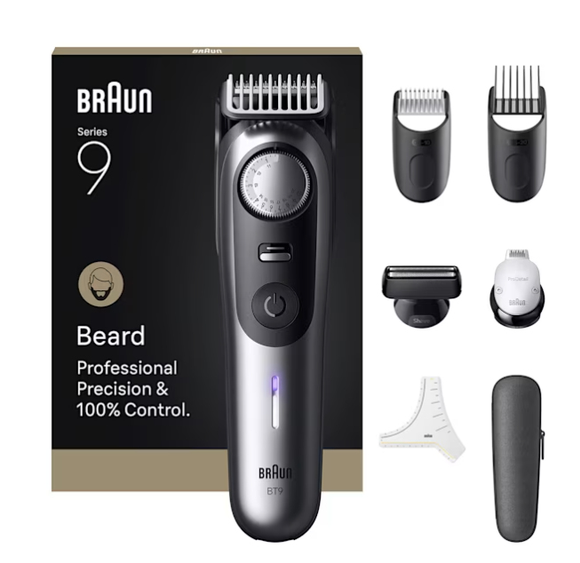 Barbero - Braun Series 9 BT9520, 7 Accesorios para barba, 52 ajustes de longitud, Bloqueo precisión, Lámina ProBlade, PowerBoost, Wet&Dry, Cromo