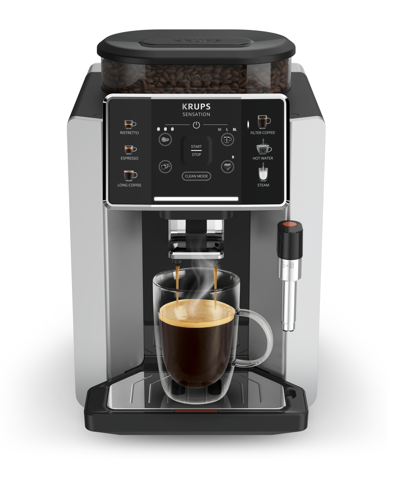 Cafetera superautomática - Krups Sensation C90 EA910E10, 1450 W, 15 bar, 1.7 L, 6 programas, 2 tazas, Barista Inside Technology, Autolimpieza, Plata