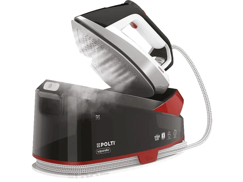 Cepillo de vapor y plancha - Polti Vaporella Glide VG40.20, 2800 V, 140 g/min, 8 bar, Base titanio , Negro