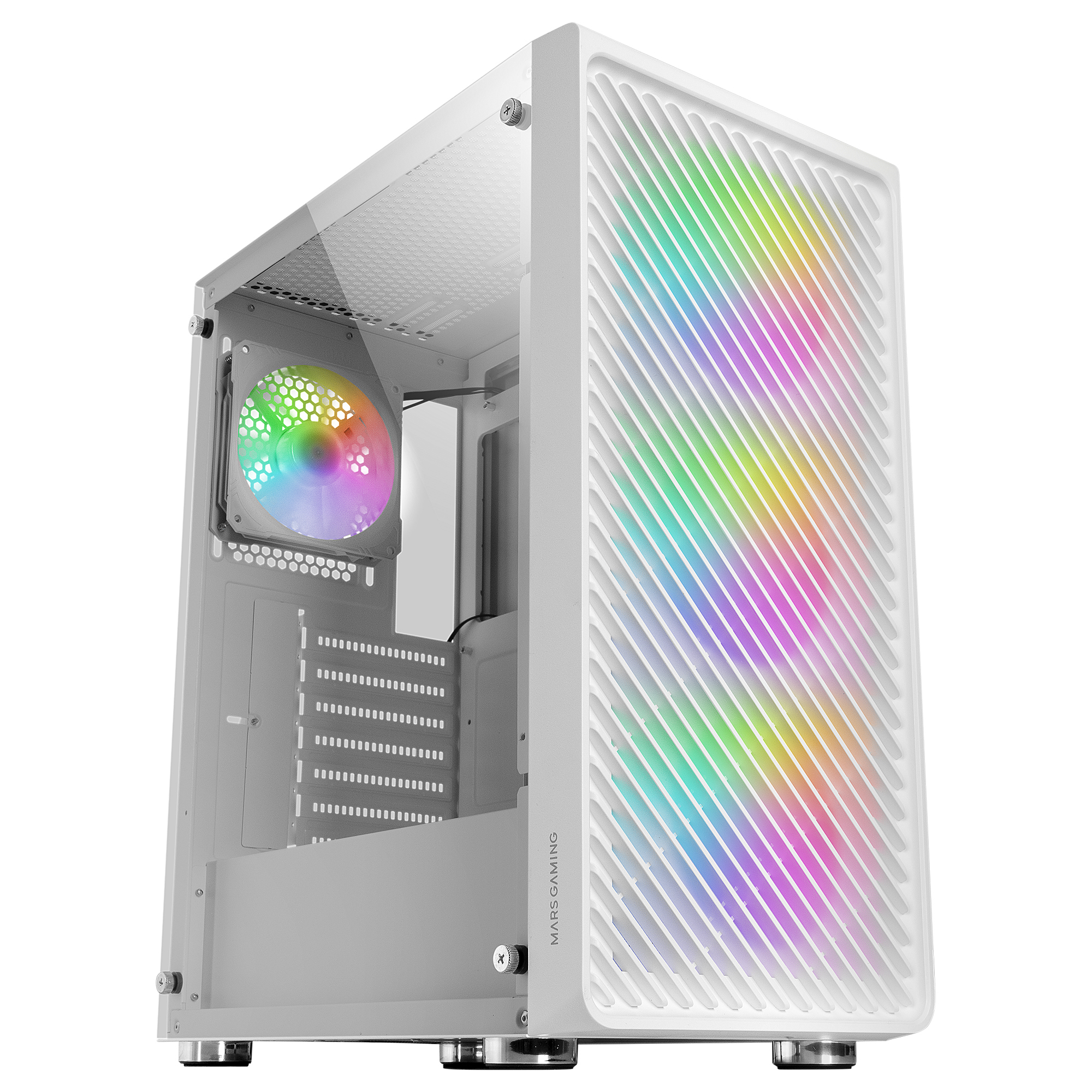 CAJA ATX SEMITORRE MARS GAMING MC-F WHITE FRONTAL METAL MESH 3 VENTILADORES ARGB 120mm +1 TRASERO LATERAL DE CRISTAL TEMPLADO SIN FUENTE DE ALIMENTACI