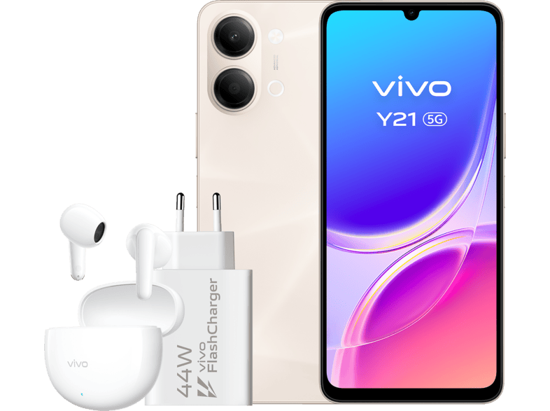 vivo Y21, Oro, 128 GB, 4 GB RAM, 6.74" HD+, MediaTek Dimensity 6300, 6.500 mAh + Cargador 44W FlashCharger Auriculares Buds Air3