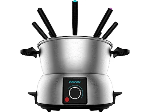 Fondue - Cecotec GourmetFondue, 1000 W, 8 tenedores incluidos, Tapa antisalpicaduras, Termostato, Inox