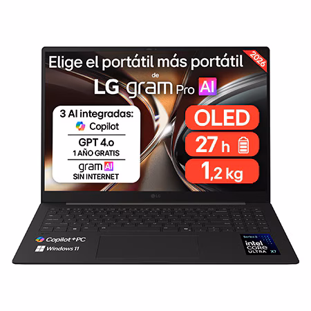 Portátil - LG Gram Pro 16Z90U-K.AUB8BN Copilot+ PC, 16" WQXGA+, Intel® Core™ Ultra X7 358H 50 TOPS, 32GB RAM, 1 TB SSD, Windows 11 Home, Sin cargador
