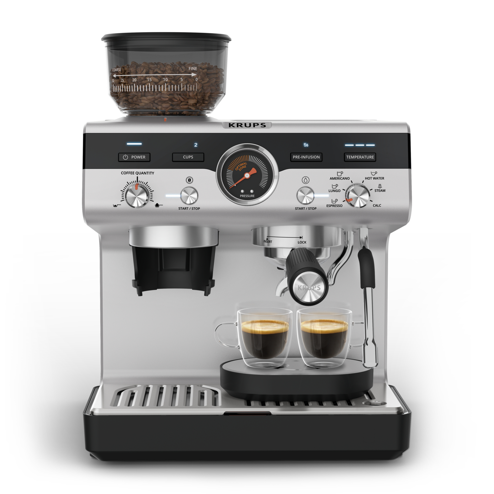 Moulinex Precision, Cafetera profesional para espresso y capuccino, Molinillo cónico integrado, 30 ajustes de molienda, 15 bares, Inox