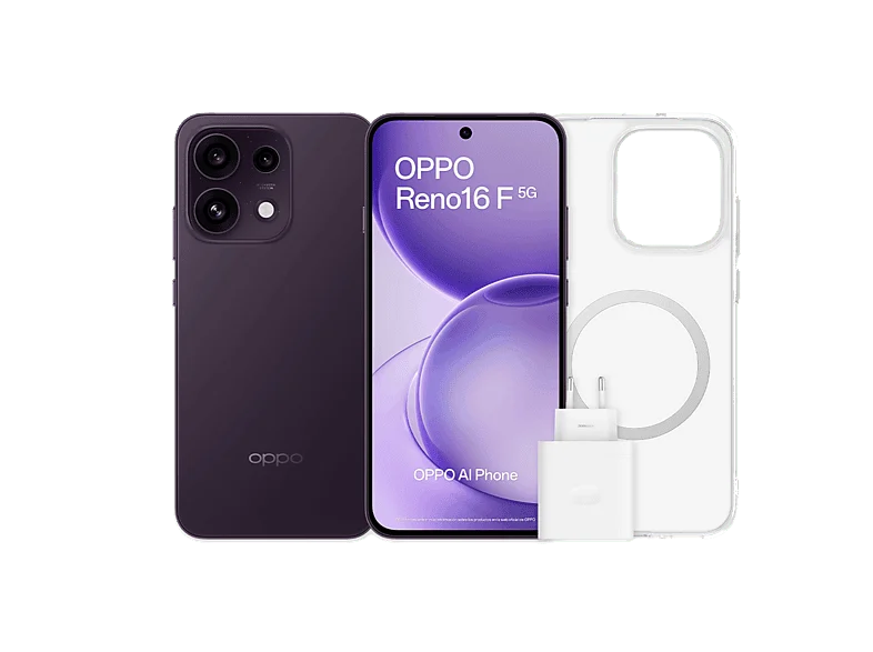OPPO Bundle Reno16 F, Púrpura Negro, 256 GB, 8 GB RAM, 6.57" AMOLED, Mediatek Dimensity 7300, 6500 mAh, Incluye Funda y Cargador