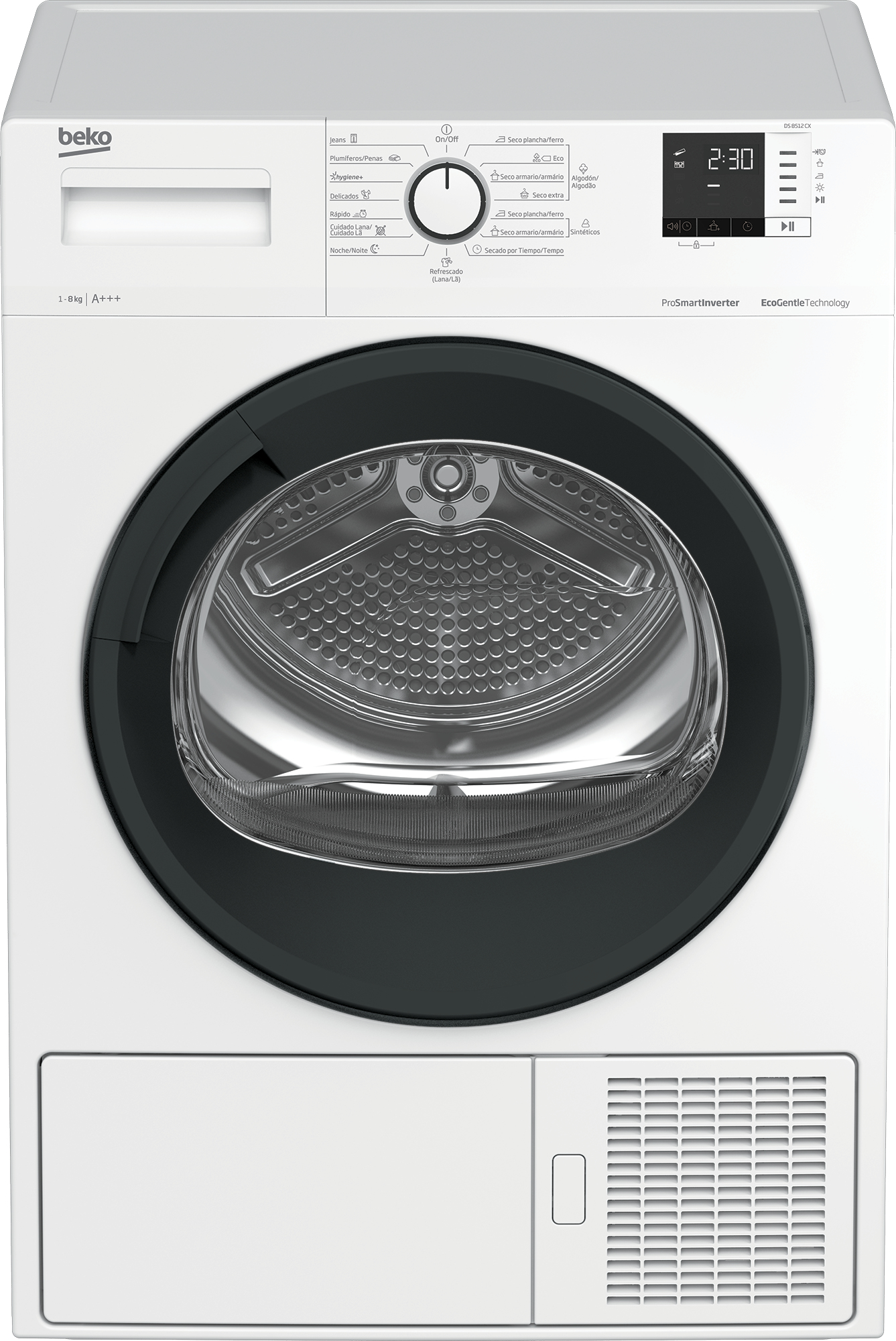 Secadora bomba de calor - Beko DS 8512 CX, 8 kg, 15 programas, Motor ProSmart™ Inverter, OptiSense®, Blanco
