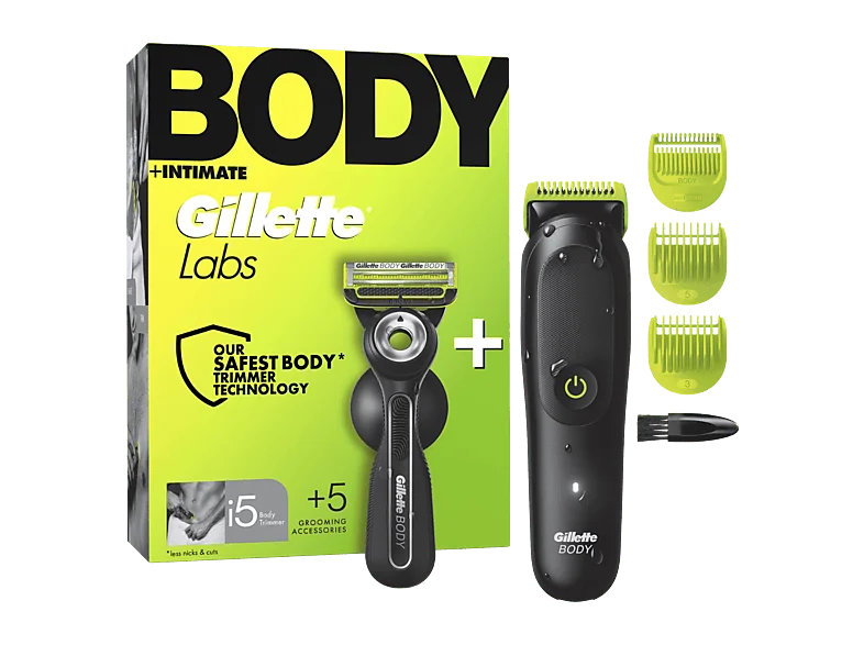 Afeitadora corporal - Gillette Labs i5 Body + Intimate, Tecnología SkinFirst, Wet&Dry, 3 peines, Pack con maquinilla de afeitar GilletteLabs