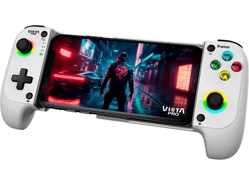 Gamepad - Vieta Pro Proton, Bluetooth, Inalámbrico, Ajustable hasta 18 cm, Función Turbo, Dual Vibration, Baja latencia, 8h autonomía, Blanco