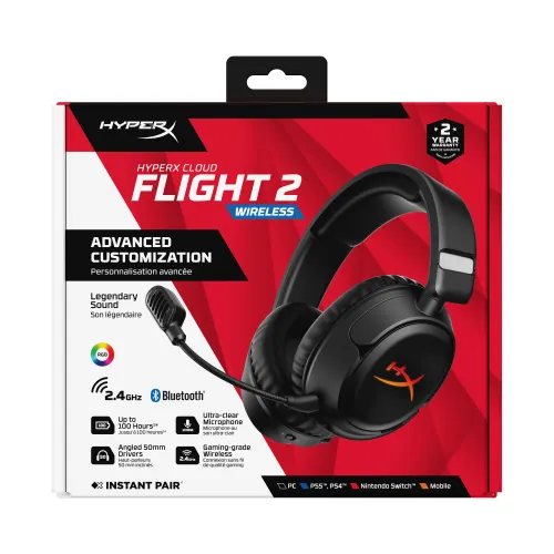 Auriculares gaming - HyperX Cloud Flight 2, Autonomía 150h, Diadema, Con micrófono, Negro