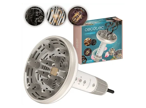 Secador - Cecotec DryWave Nébula, 1300W, 3 velocidades, temperaturas, PlasmaTech, Difusor XXL, Motor BLDC, 12 púas, Argan&Keratin Oil, Champagne