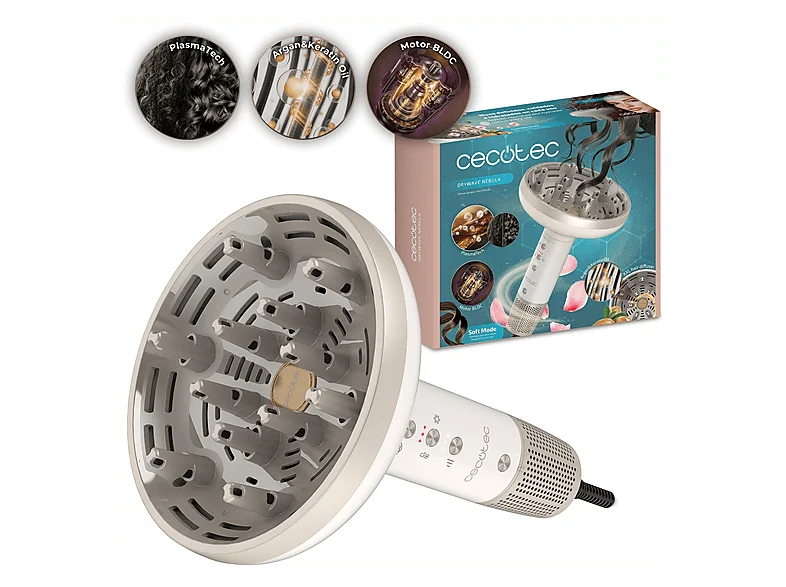 Secador - Cecotec DryWave Nébula, 1300W, 3 velocidades, temperaturas, PlasmaTech, Difusor XXL, Motor BLDC, 12 púas, Argan&Keratin Oil, Champagne