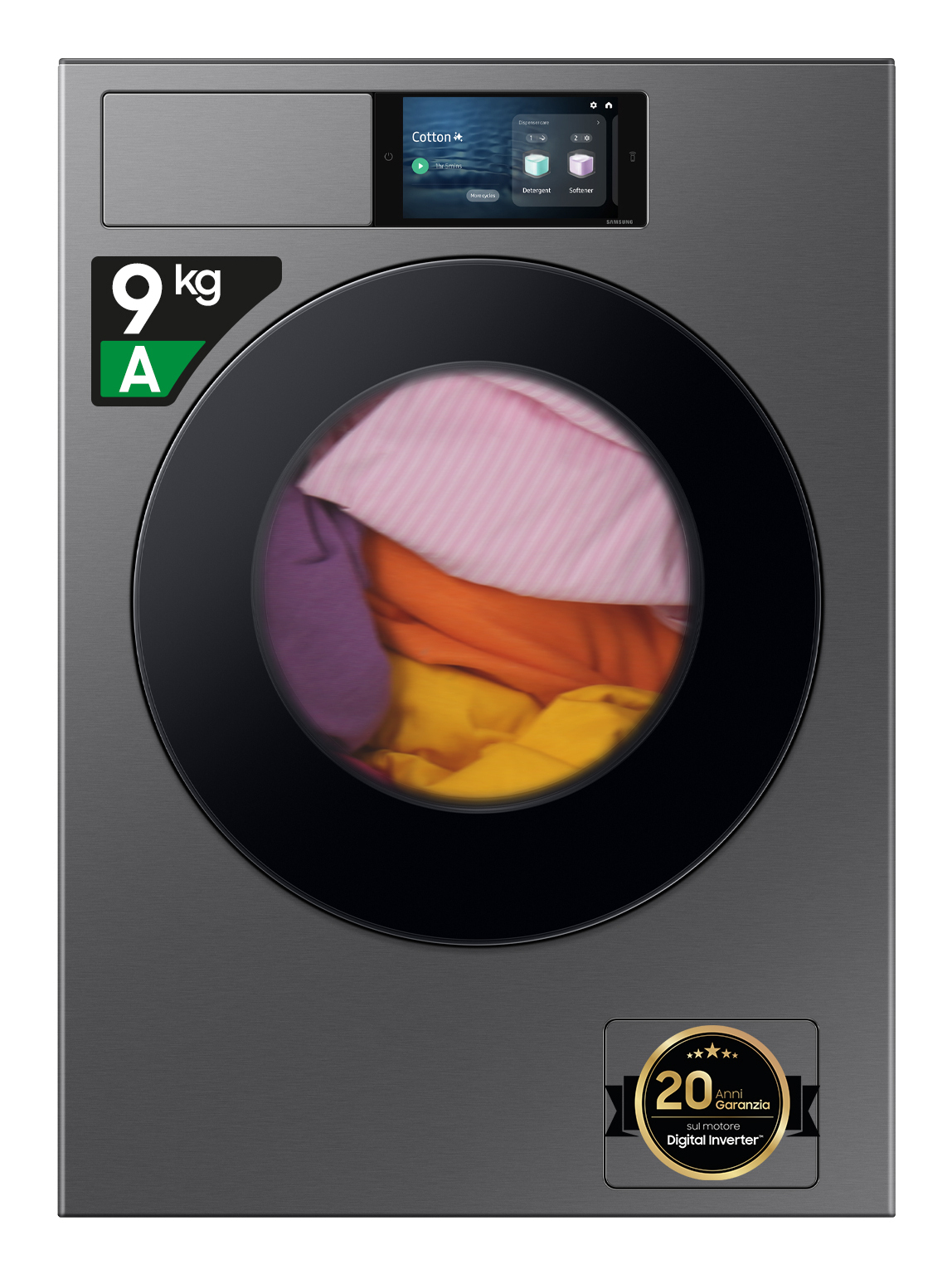 Lavadora carga frontal - Samsung Bespoke AI WF90F09C4SU3, 9 kg, 1400 rpm, 24 programas, Autodosificación, Clase A, Control por voz, Grafito