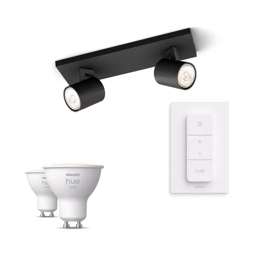 Philips Hue Pack: X2 Focos Philips Runner (negro) + 2 Bombillas Gu10 Luz Blanca Cálida + Mando