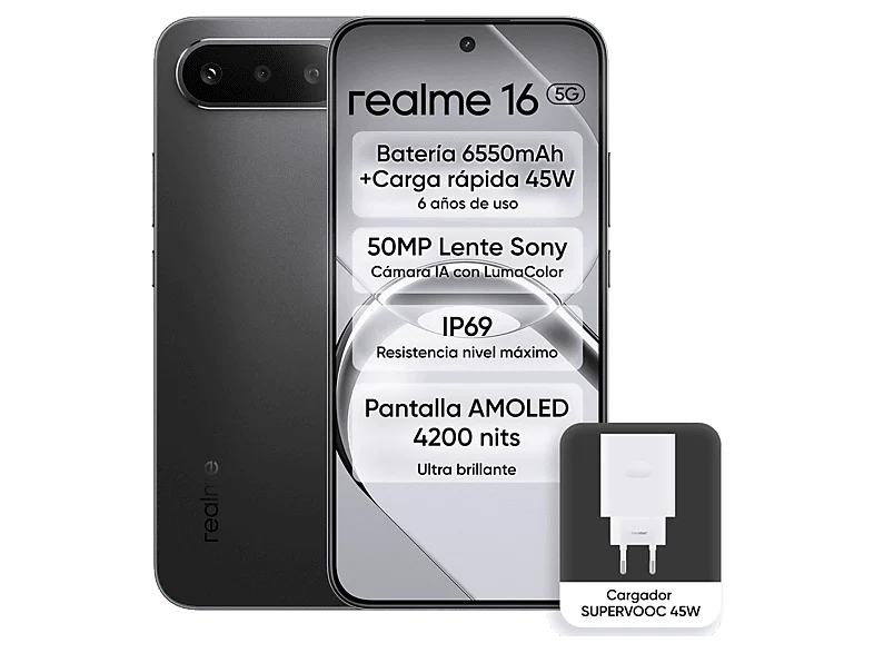 realme 16, Negro, 256GB, 8GB RAM, 6.57" FHD FOLED, D6400 Turbo, 6550mAh
