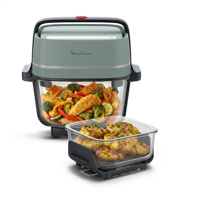 Freidora de aire - Moulinex Crisp & Go, Apilable y portátil, 2 cestas, 1.4L, 3.8L, 4 modos cocción, 1700 W, Ajuste manual temperatura, Verde