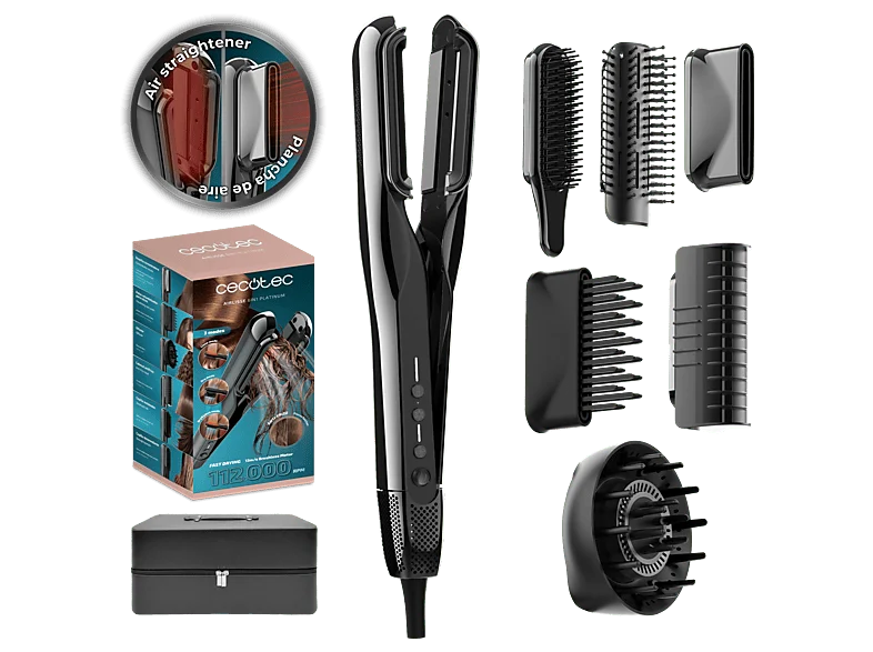 Plancha de pelo - Cecotec AirLisse 6in1 Platinum, Cerámica, 1000W, 112.000 rpm, Función plasma, Motor Brushless, 6 accesorios, Estuche premium, Negro