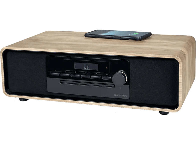 Microcadena - THOMSON MIC300IBT, 60 W, Bluetooth, MP3/USB con Carga inalámbrica, Sistema estéreo, Negro madera
