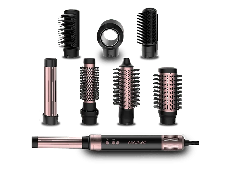 Moldeador - Cecotec Bamba CeramicCare AirGlam Black, Tecnología iónica, 8 en 1, 3 velocidades, temperaturas, accesorios, Negro