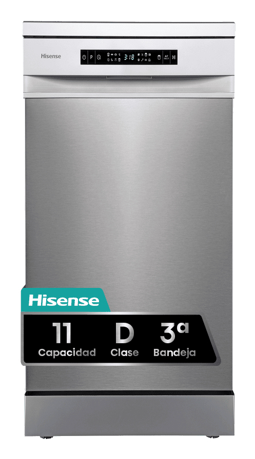 Lavavajillas - Hisense HS543D10X, 11 servicios, 8 programas , 44.8 cm, Motor Inverter, Tercera bandeja, Inox