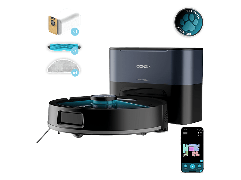 Robot aspirador - Cecotec Conga Y80 Dark, Navegación láser, 25000 Pa, 240 min, 3 L, Cepillo de silicona, 4 en 1, app, Bluetooth y WiFi 2,4 GHz , Negro