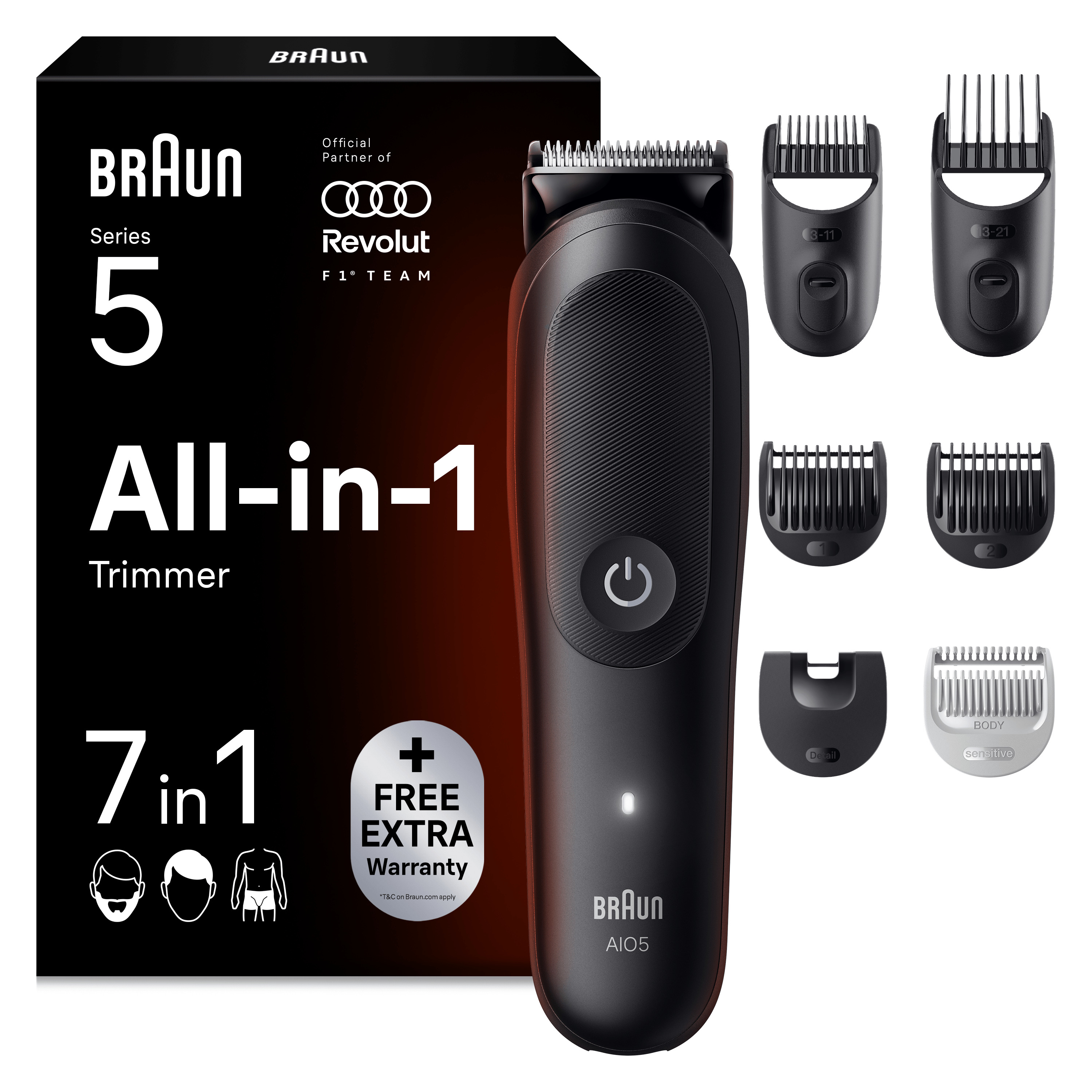Afeitadora multifunción - Braun Todo En Uno Series 5 AIO5520, Kit De Styling 7 en 1, Lámina Afilada, 14 Longitudes, Barba, Pelo y Cuerpo, Negro mate