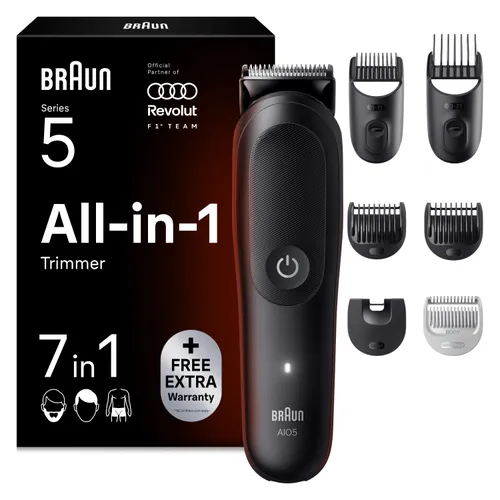 Afeitadora multifunción - Braun Todo En Uno Series 5 AIO5520, Kit De Styling 7 en 1, Lámina Afilada, 14 Longitudes, Barba, Pelo y Cuerpo, Negro mate