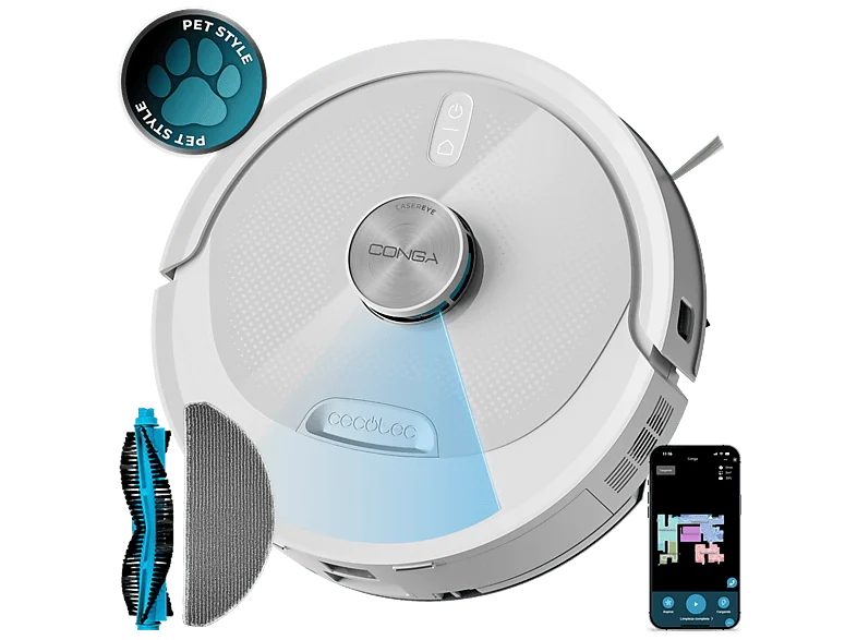 Robot aspirador - Cecotec Conga M60 Pearl, Navegación láser, 13000 Pa, hasta 200 min, App, Bluetooth y WiFi 2,4 GHz, depósito 350 ml/460 ml, Pearl