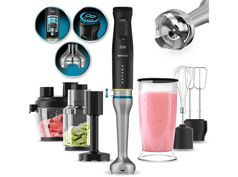 Batidora de mano - Cecotec Katana 15 TotalDestroy Full B Screen, 1500 W, 8 cuchillas, 21 velocidades, Turbo, Set completo, Brazo XL, Pantalla, Black