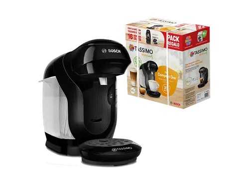 Cafetera de cápsulas - Bosch Tassimo Style TAS112EC, 3.3 bar, 0.7 l, 1.400 W, Intellibrew, Tamaño Compacto, Pack Café Regalo, Negro