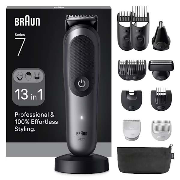 Afeitadora multifunción - Braun Recortadora todo en 1 Series 7 AIO7560, Kit De Styling 13 1, Lámina ProBlade, AutoSense, Wet& Dry, Gris