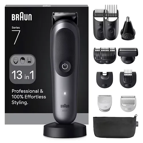 Afeitadora multifunción - Braun Recortadora todo en 1 Series 7 AIO7560, Kit De Styling 13 1, Lámina ProBlade, AutoSense, Wet& Dry, Gris