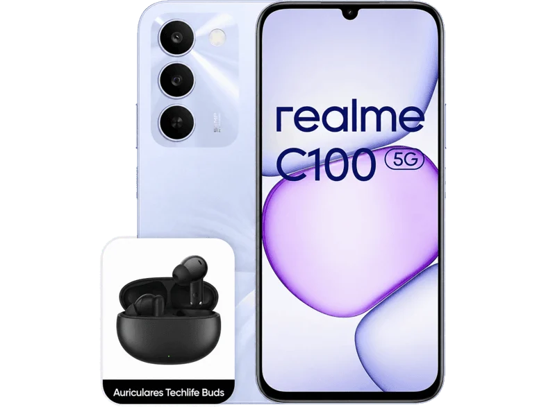 realme C100 5G, Blooming Purple, 256GB, 4GB RAM, 6.8" HD+, Dimensity 6300, 6600mAh, Incluye Auriculares Techlife Buds