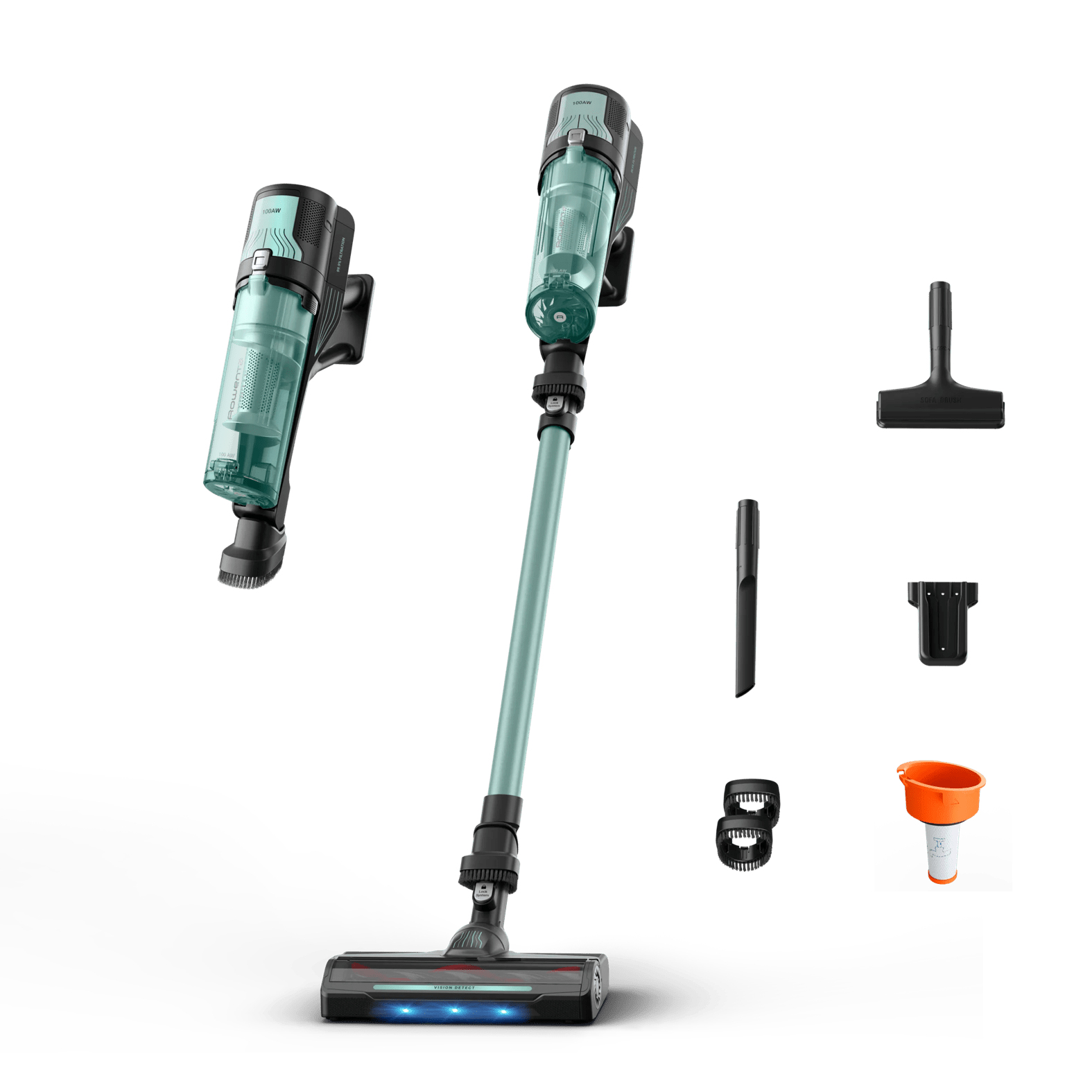 Aspirador escoba - Rowenta X-FORCE 8.80 RH1833, 250 W, 100 AW, 45 min Autonomía, 0.44 L, Ligera, 1.3 Kg, Limpieza 4 en 1, Verde, Gris