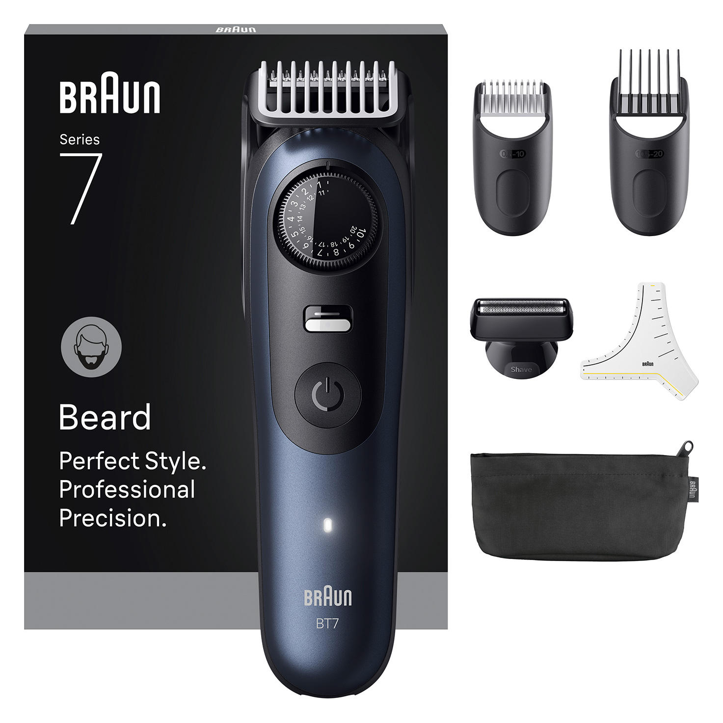 Barbero - Braun Series 7 BT7520, 6 accesorios para barba, 40 ajustes de longitud, Bloqueo precisión, Lámina ProBlade, Wet&Dry, Azul
