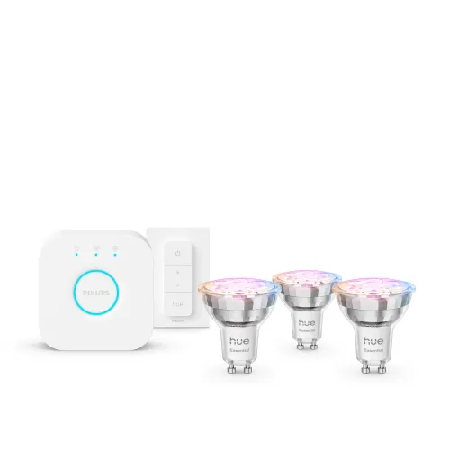 Philips Hue White & Color Ambiance Starter Kit Essential: 3 Bombillas Inteligentes Gu10 (345 Lm) + Regulador De Intensidad