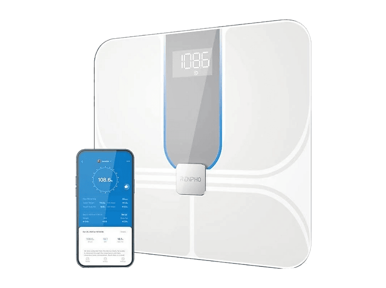 Báscula inteligente - Renpho Elis Aspire C, Hasta 180 kg, Wi-Fi y Bluetooth, Pantalla LED, Blanco