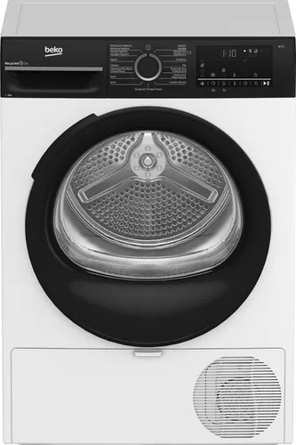 Secadora bomba de calor - Beko BM3T49240W, 9 kg, 15 Programas, Motor ProSmart Inverter, Pantalla digital, Aqua Wave, Blanco